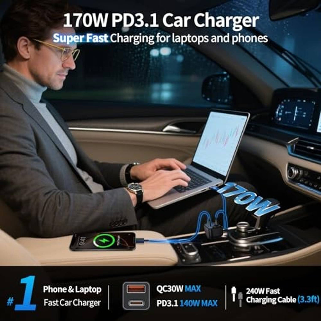 USB-C car charger plugged in with LED voltage display in a vehicle console
