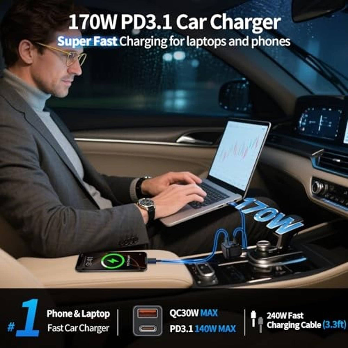 USB-C car charger plugged in with LED voltage display in a vehicle console