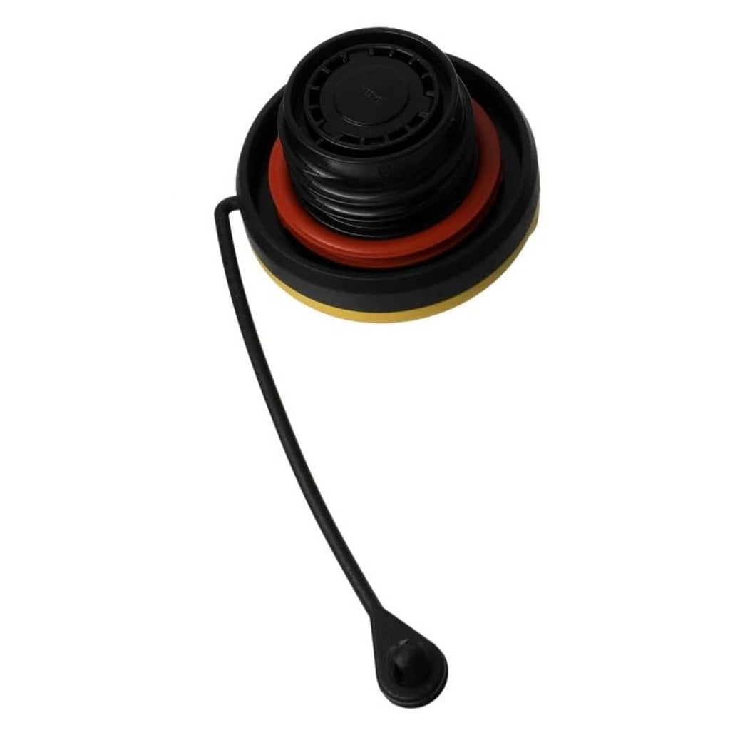 Black fuel filler cap assembly with orange sealing ring and black hose