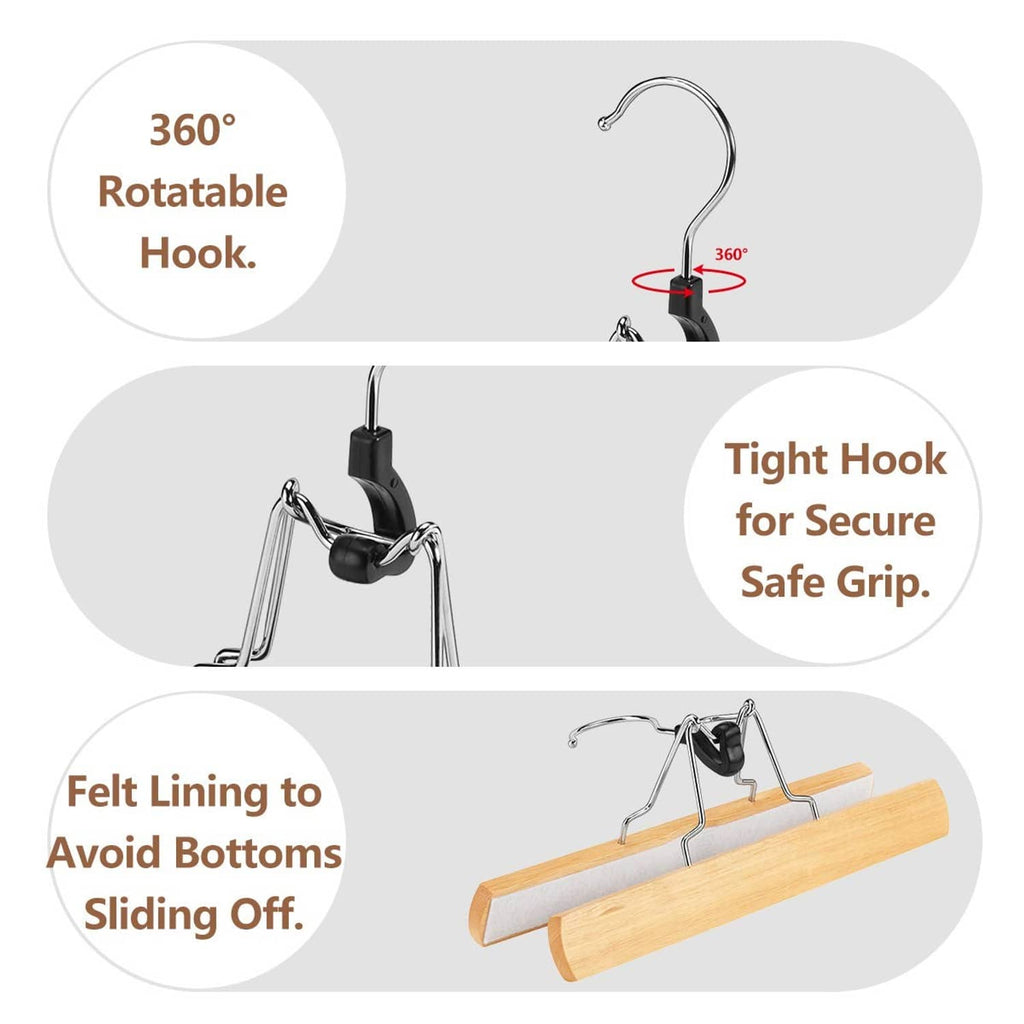 Natural wooden hanger with black non-slip clip, curved hook, and metal frame