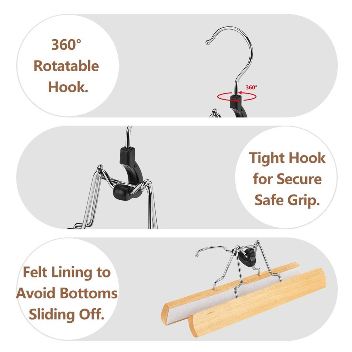 Natural wooden hanger with black non-slip clip, curved hook, and metal frame
