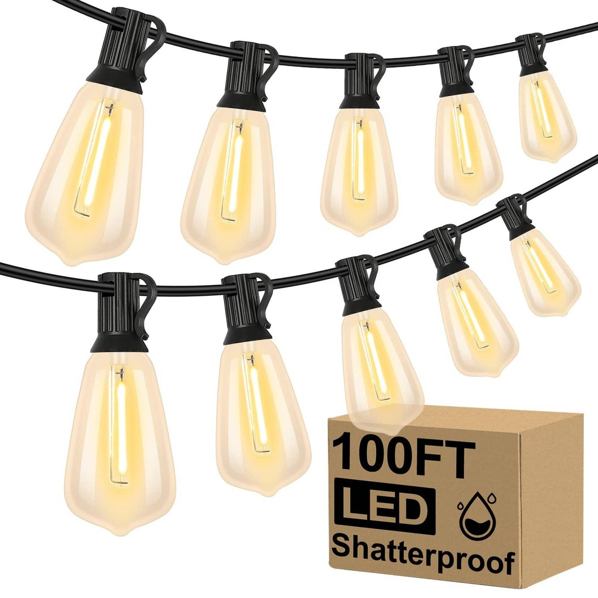 Outdoor string lights with black wire and amber white Edison-style bulbs