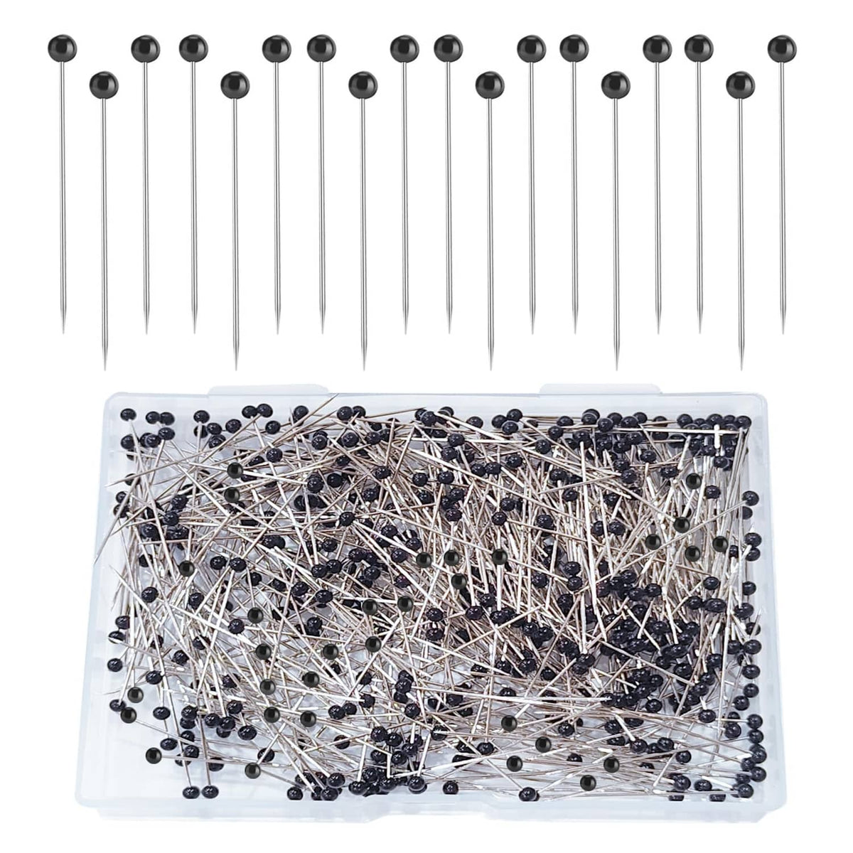 Straight sewing pins with black ball heads in a clear plastic storage case