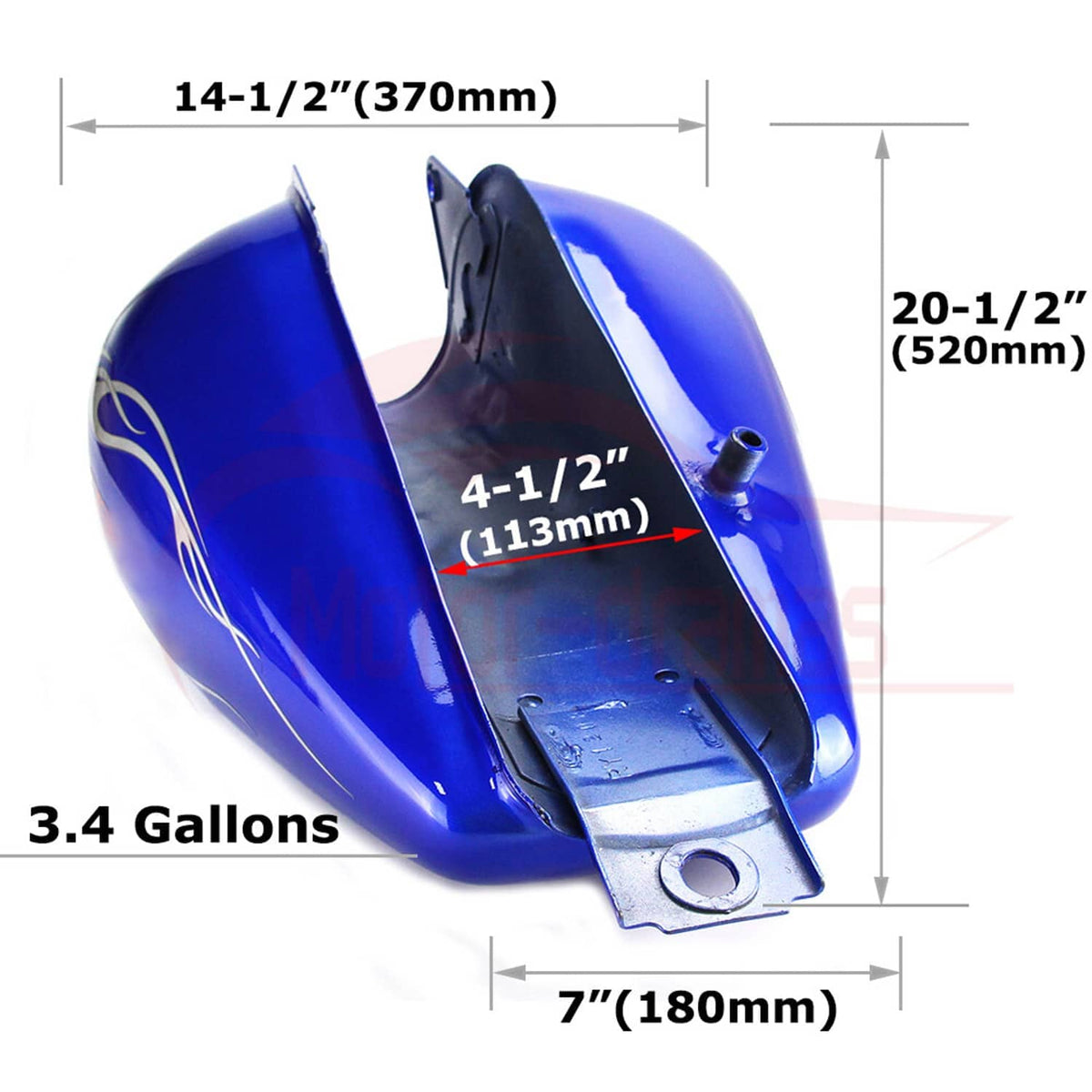 Blue 3.4-gallon fuel tank with mounting bracket and dimensions diagram