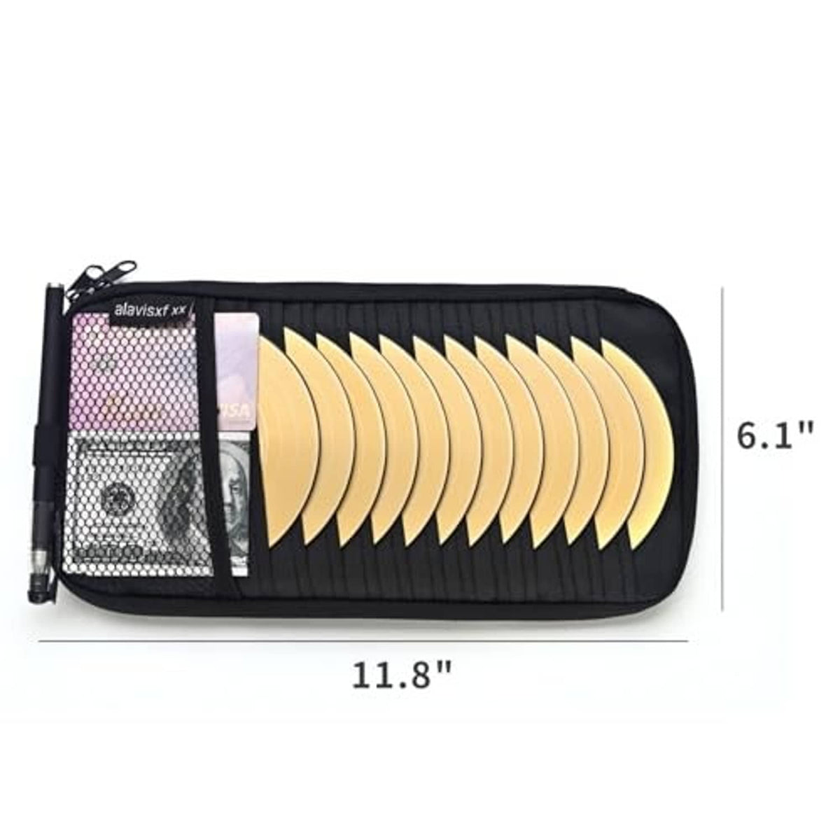Black car visor CD organizer with mesh pocket and 12 disc sleeves, curved zippered pouch