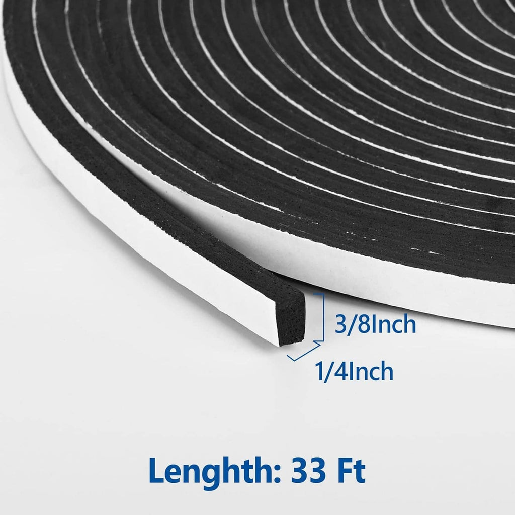 Black self-adhesive foam weatherstrip tape strip, showing thickness and cut edge