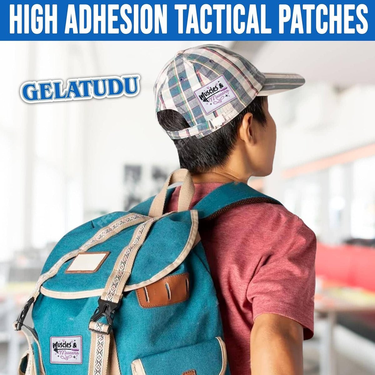 Embroidered 'Muscles & Mascara' patch on a teal backpack strap.