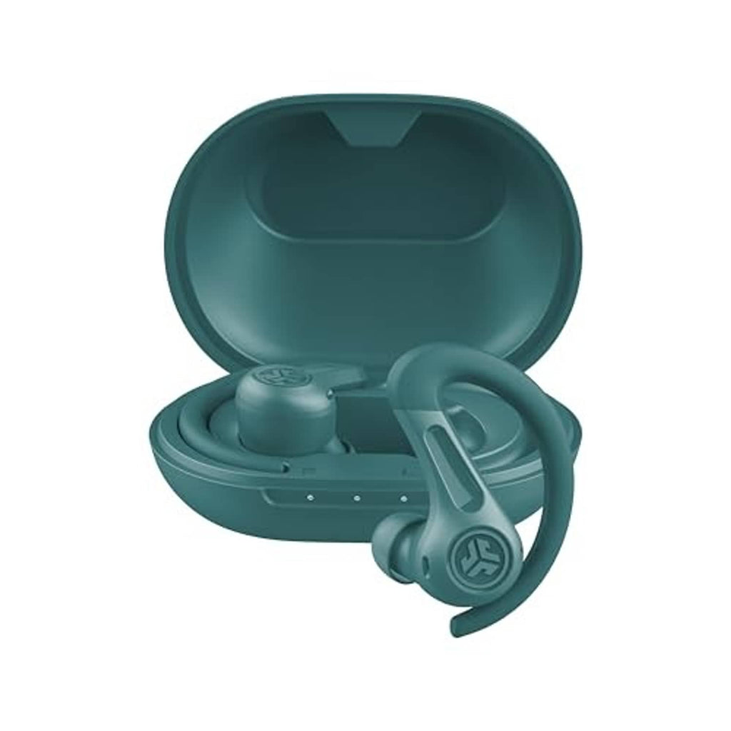 Teal true wireless earbuds and open charging case, ear hooks attached