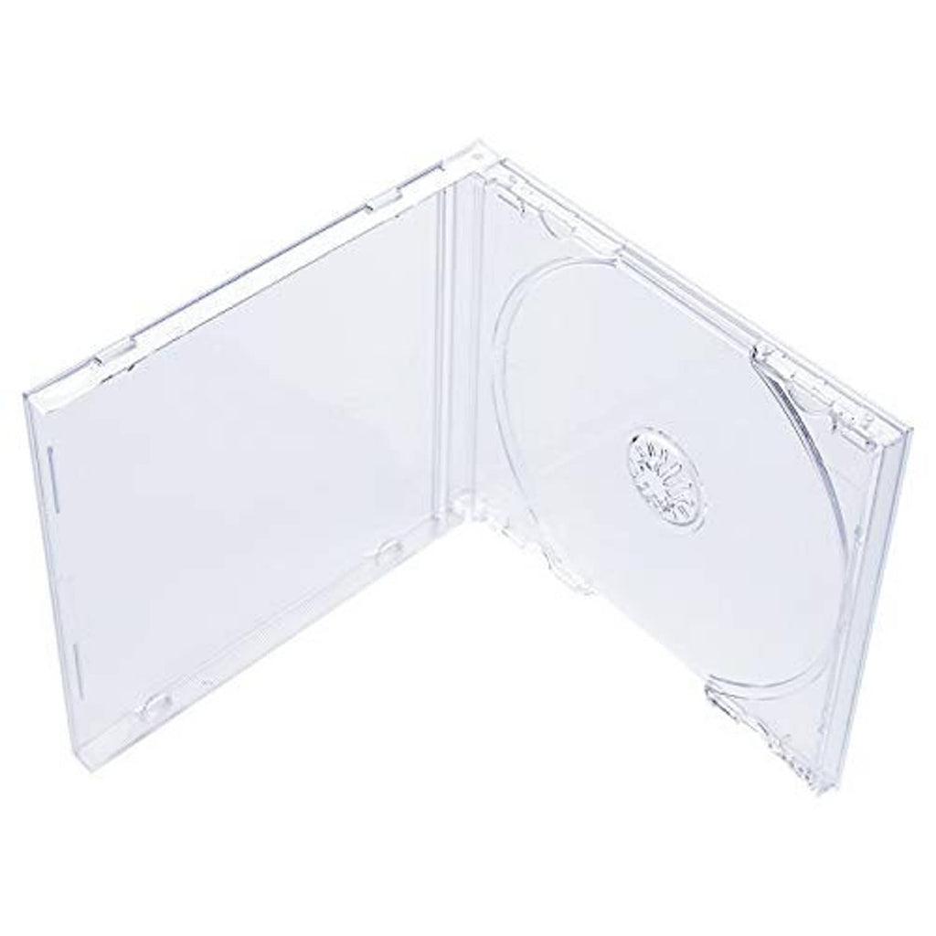 Clear single CD jewel case with clear tray, open hinge showing disc compartment