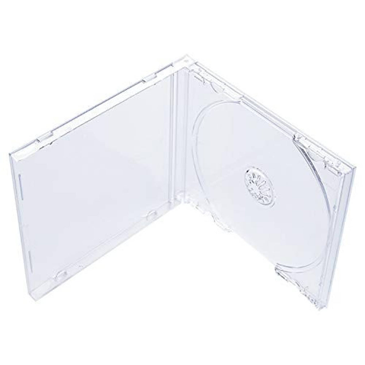 Clear single CD jewel case with clear tray, open hinge showing disc compartment