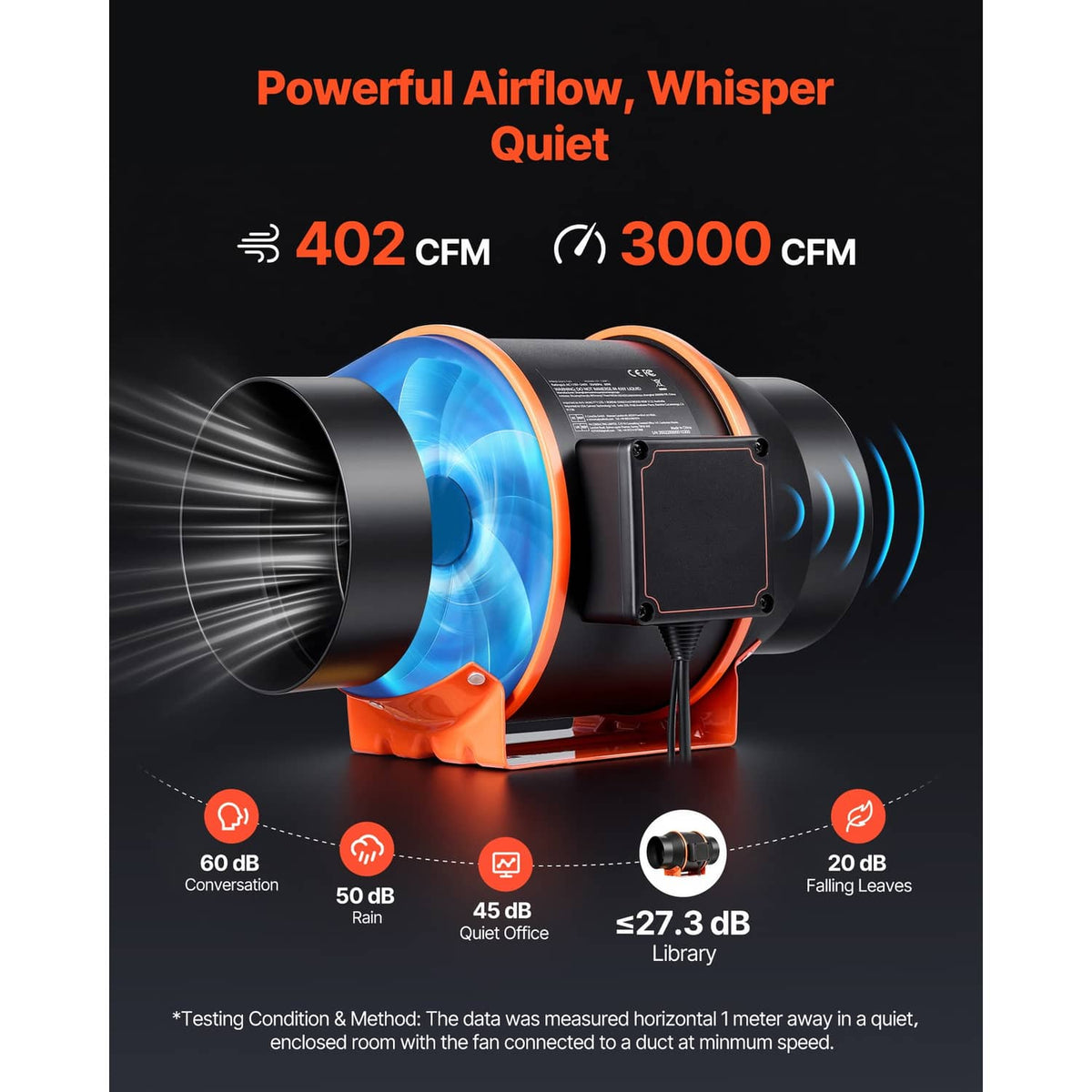 Inline duct fan with orange blower base and black duct outlets showing airflow direction