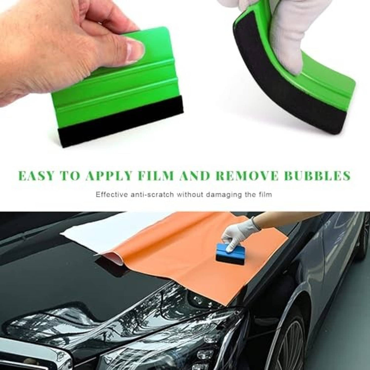 Window film squeegee tool with green blade applying film to a car window