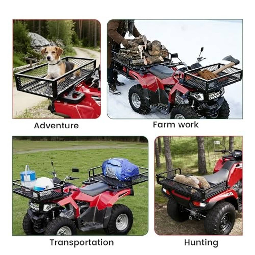 ATV equipped with black steel mesh cargo baskets on front and rear racks