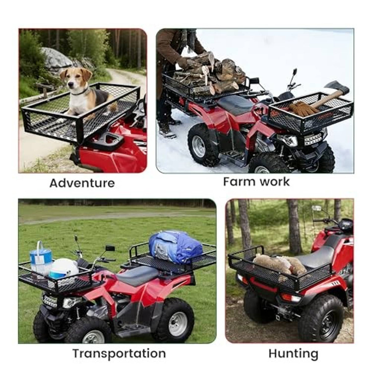 ATV equipped with black steel mesh cargo baskets on front and rear racks