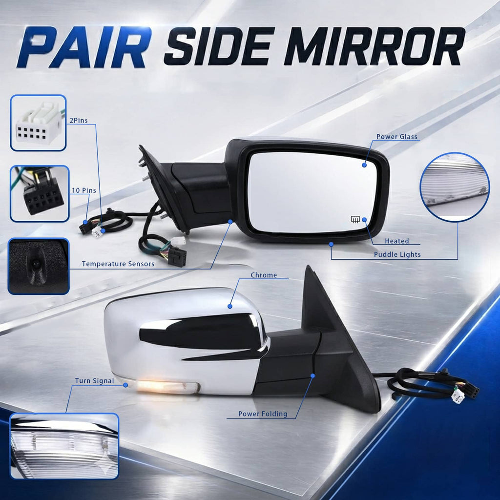 Pair of power-fold heated side mirrors with chrome cap and puddle light