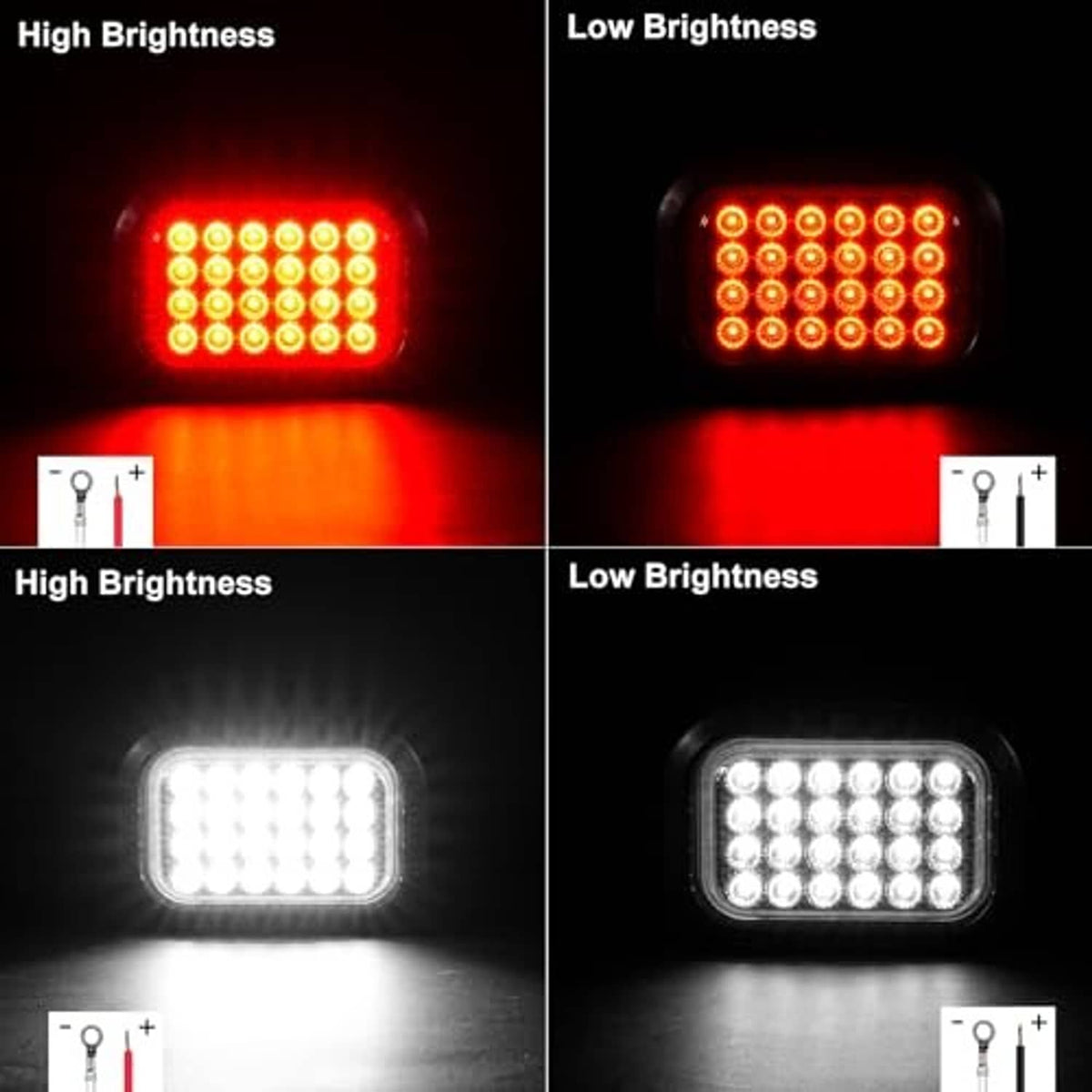 LED tail and backup lights with red and white illuminated panels, high and low brightness
