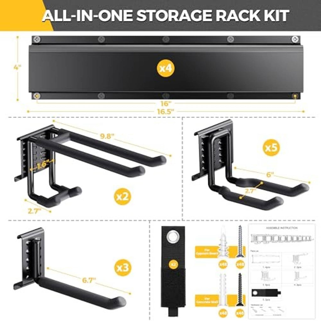 Wall-mount tool organizer rack kit with mounting rail and bracket arms