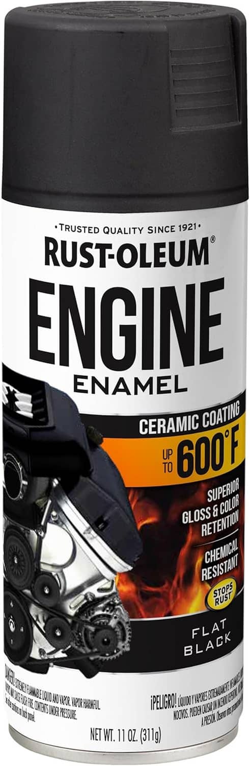 Rust-Oleum Engine Enamel flat black spray paint can, product label and size text visible