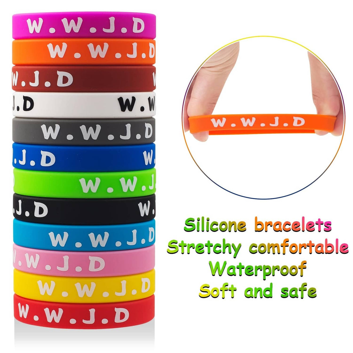 Multicolor silicone bracelets with white lettering; inset close-up wearing an orange band