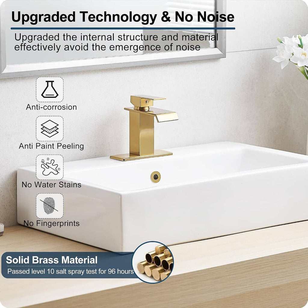 Gold single-handle bathroom faucet on bathtub with waterfall spout and square handle