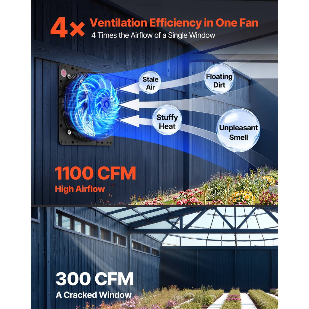 Wall-mount shutter exhaust fan airflow efficiency graphic with high airflow ratings