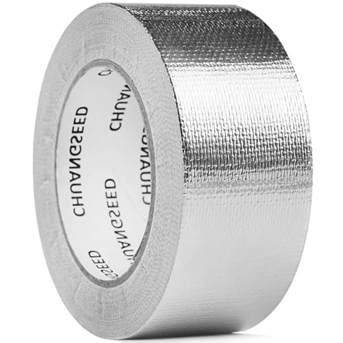 Reflective heat shield tape roll with wide silver foil layer and gray adhesive rim
