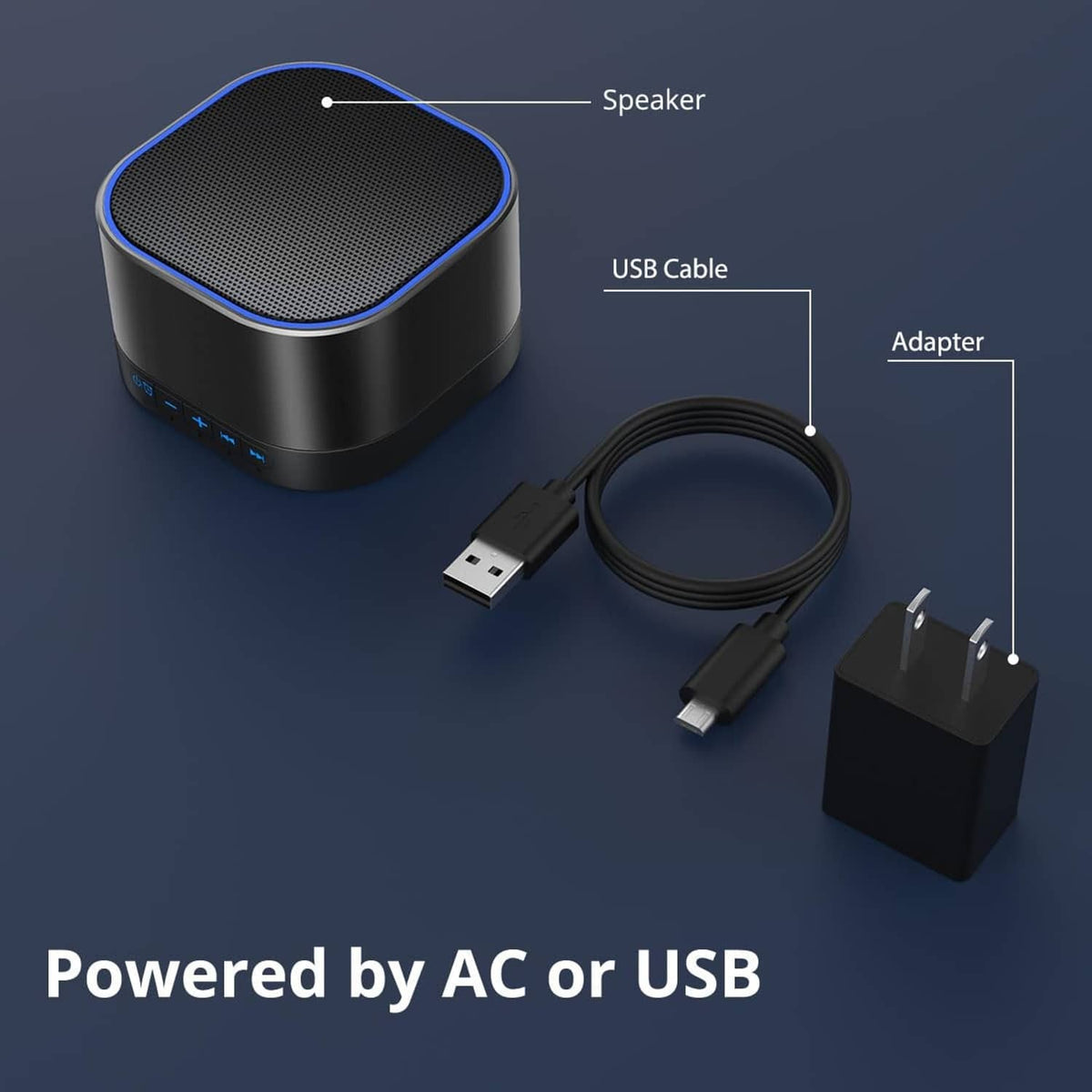 Compact sound machine with USB cable and adapter, black cylinder with blue-lit speaker