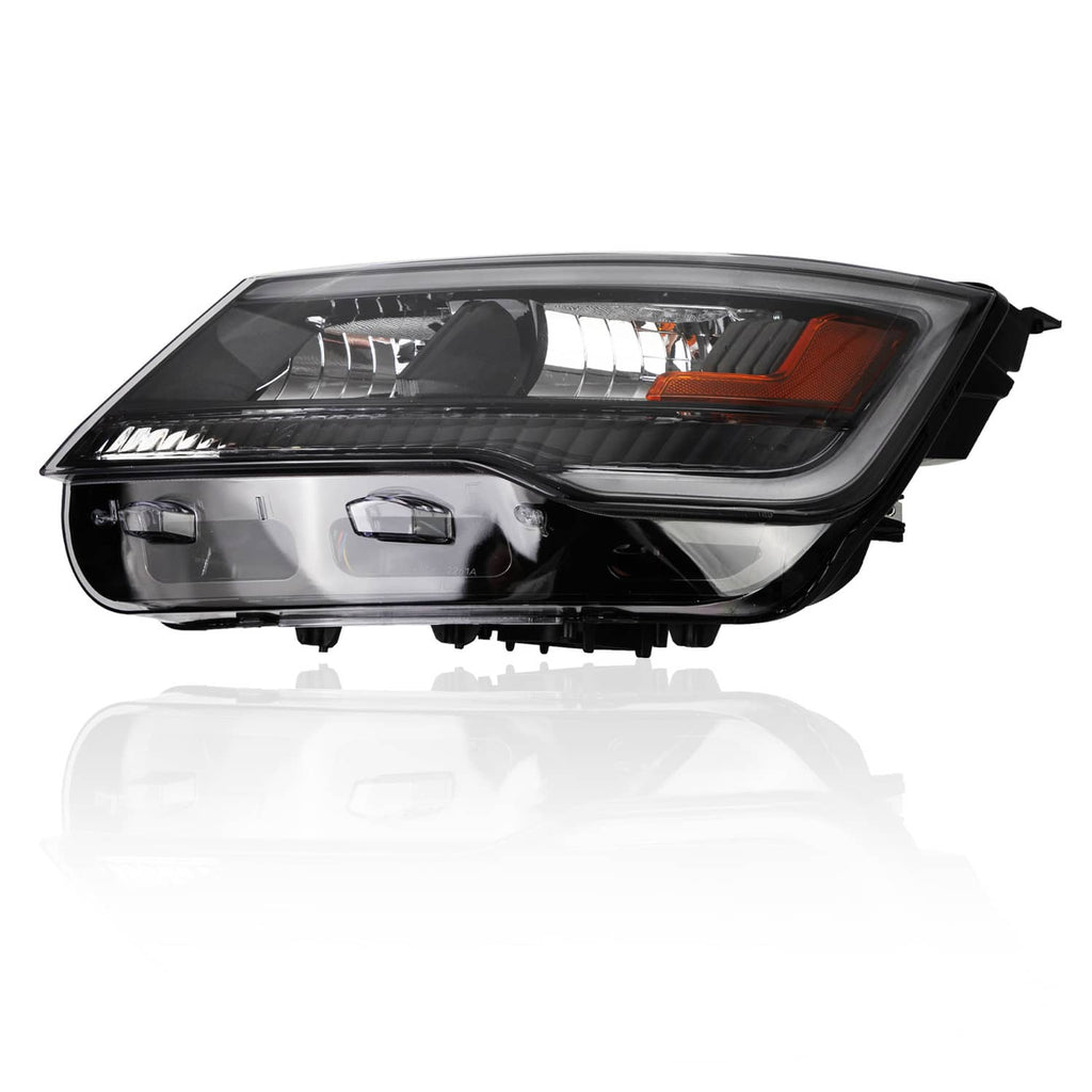 Black headlight assembly with clear lens, chrome reflectors, and amber turn-signal section
