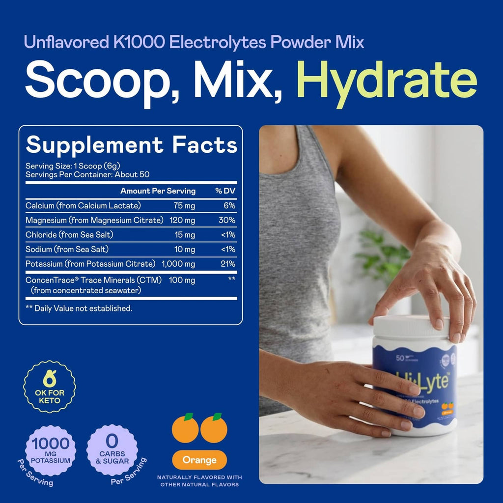 Hi-Lyte K1000 electrolytes powder mix bottle with supplement facts panel