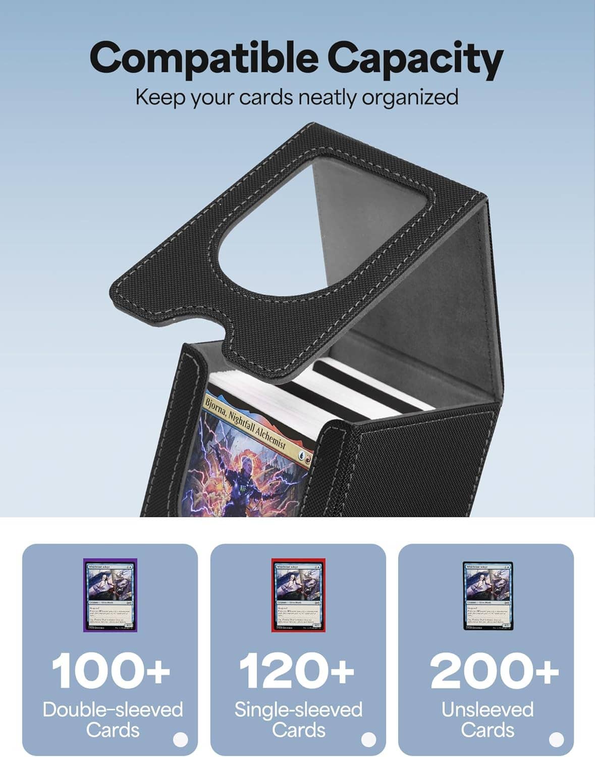 Black card deck box with open top cover and front card display window