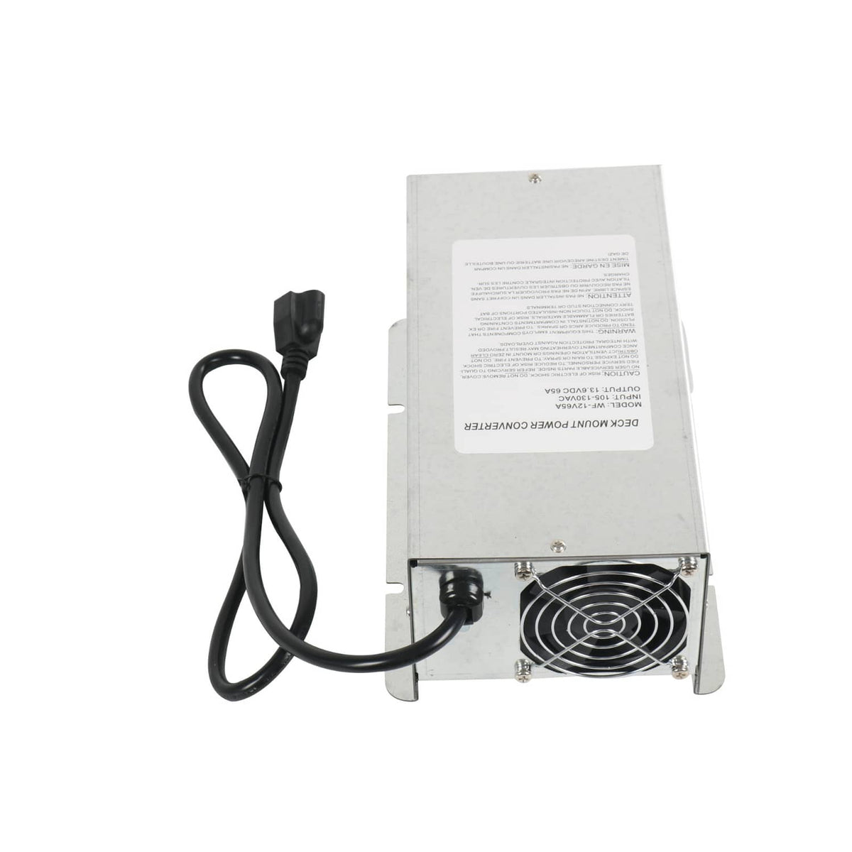 RV power converter charger with rear fan grill and attached black power cord