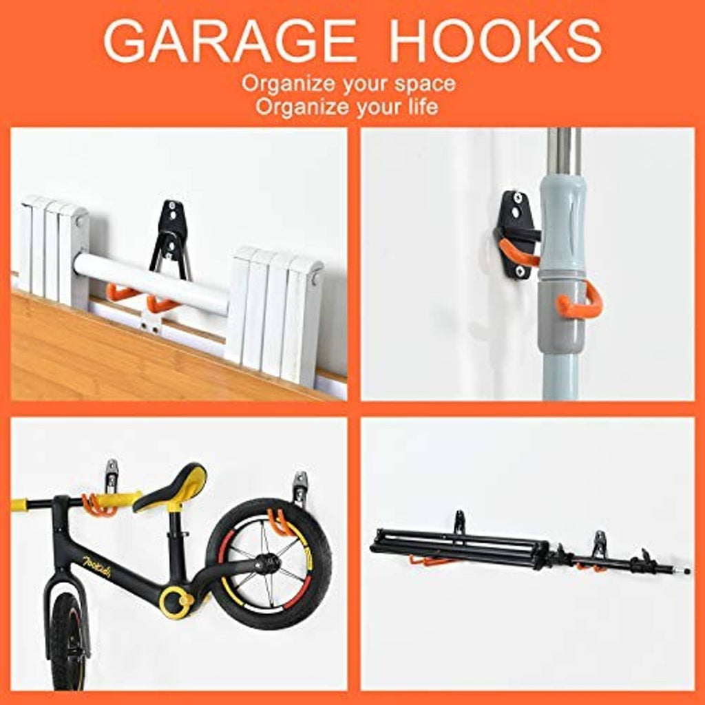 Garage organization hooks with black mounts and orange curved J hooks on a wall