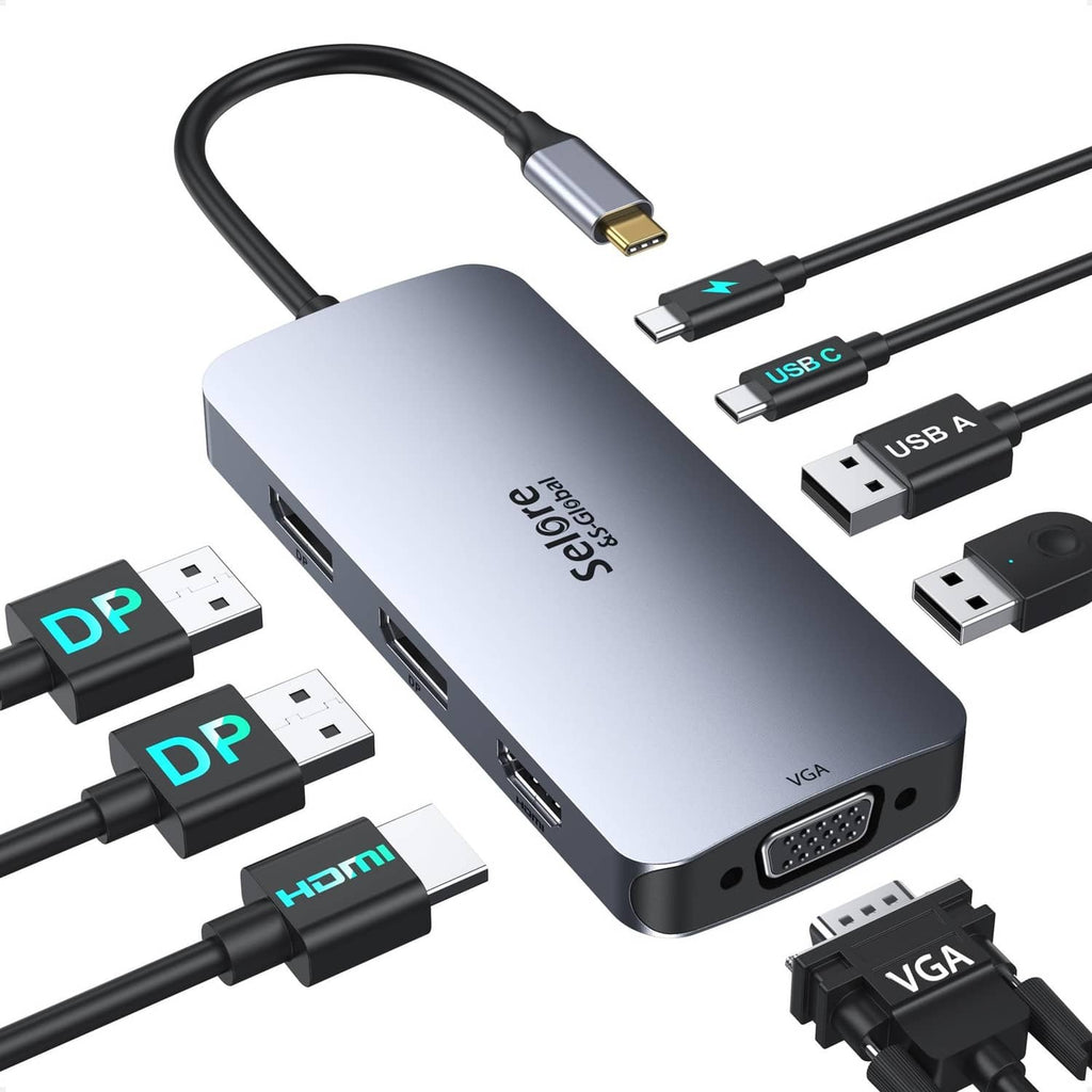 Light gray USB-C docking station with HDMI/DP ports and VGA output connectors