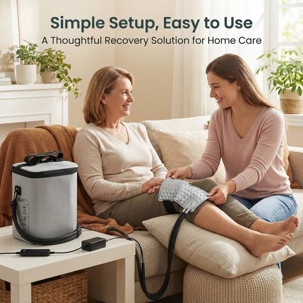 Gray ice therapy bucket with blue tubing and cooling pad on a person’s leg