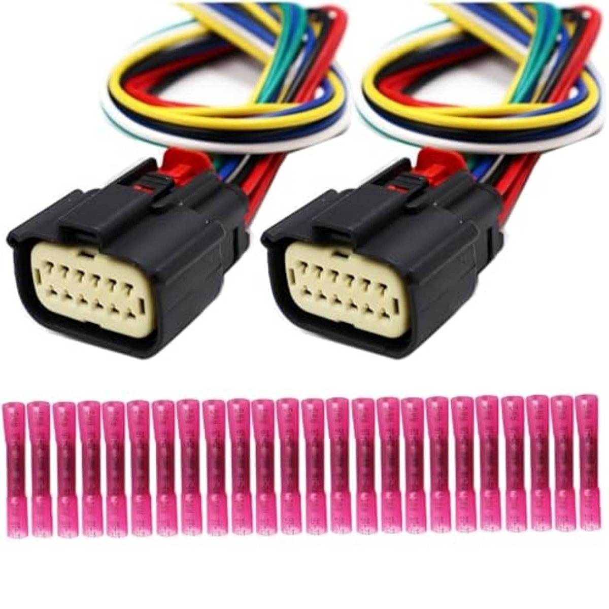 Two black headlight connector plugs with multi-pin contacts and colored wire pigtails