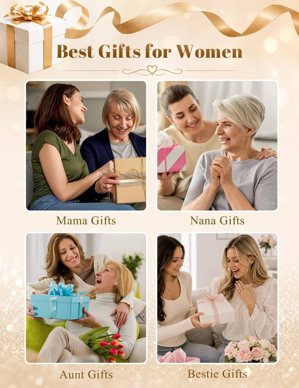 Promotional poster collage of women holding gifts on a ribbon header