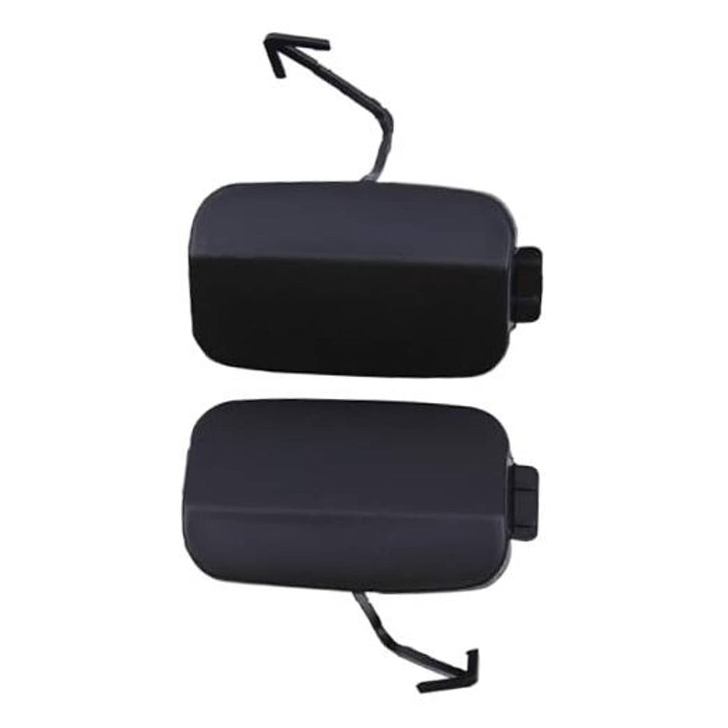 Pair of rear tow hook eye cover caps with mounting tabs and loop ends, dark blue
