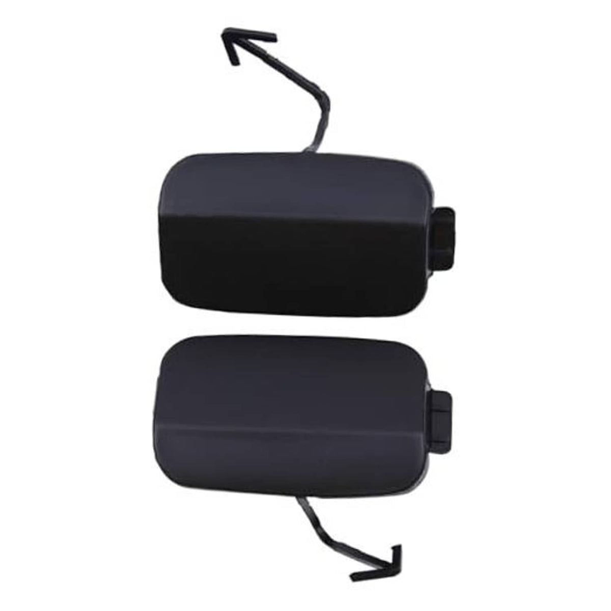 Pair of rear tow hook eye cover caps with mounting tabs and loop ends, dark blue