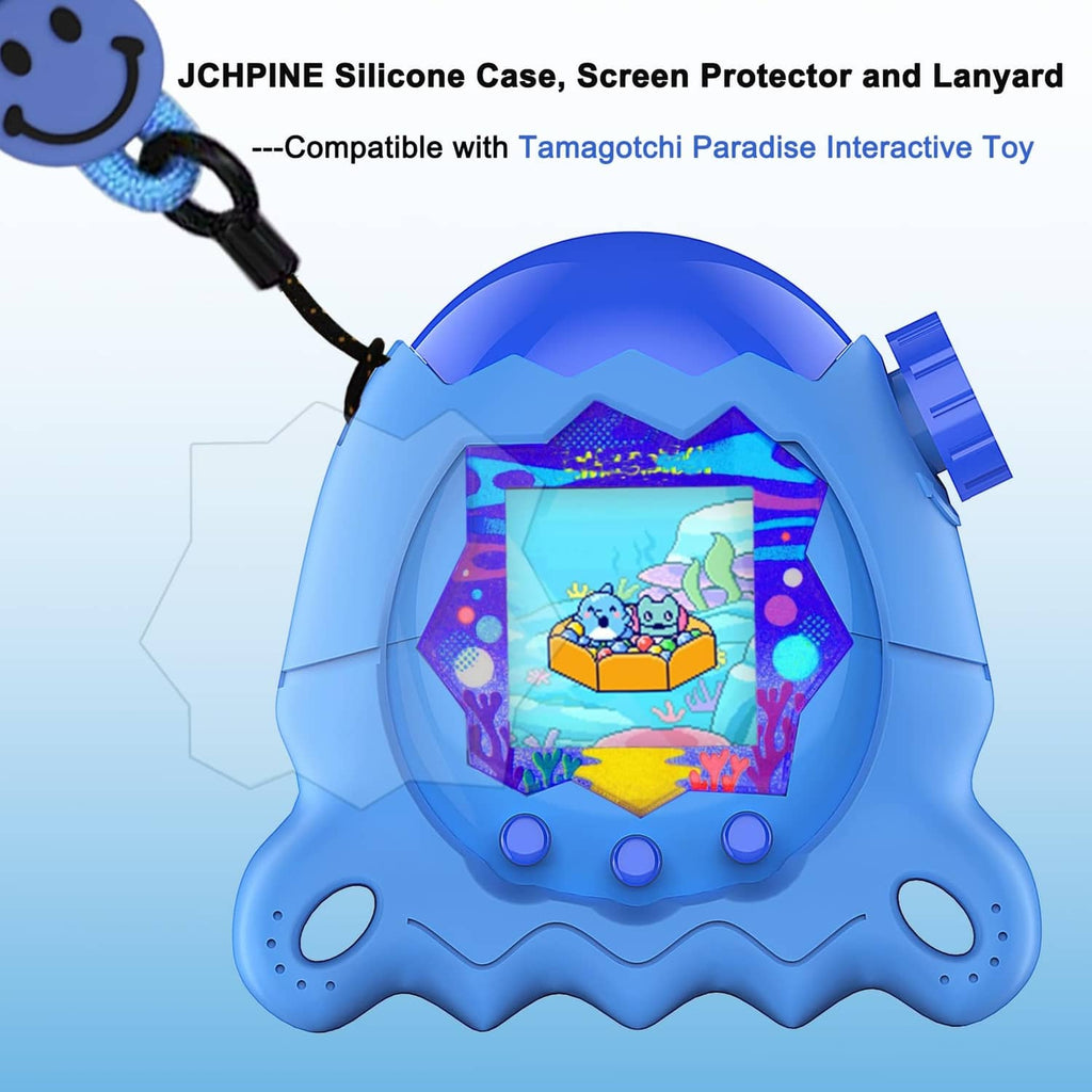 Blue silicone protective case with screen cover and attached lanyard strap