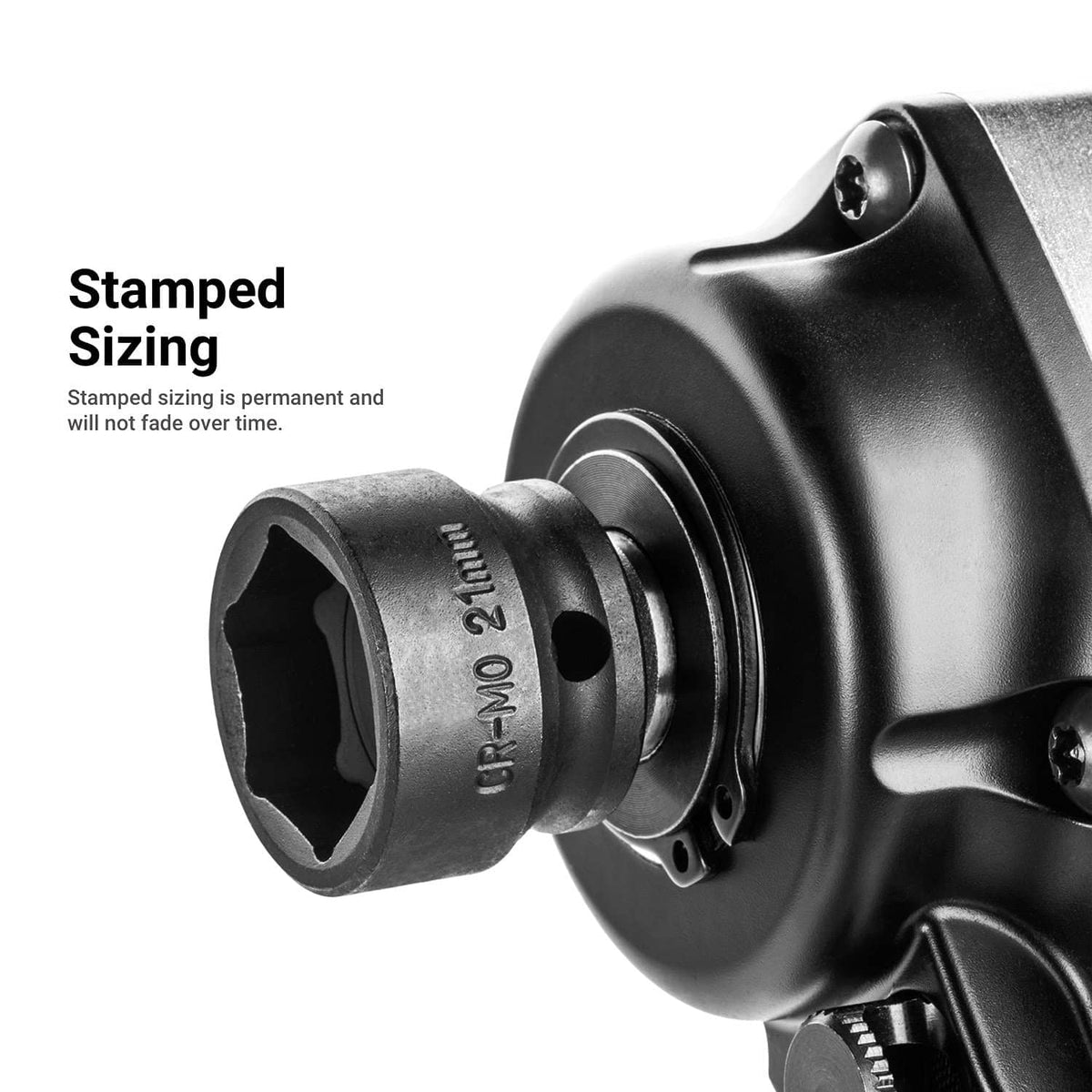 Stamped sizing on stubby impact socket, black socket with 6-point drive opening