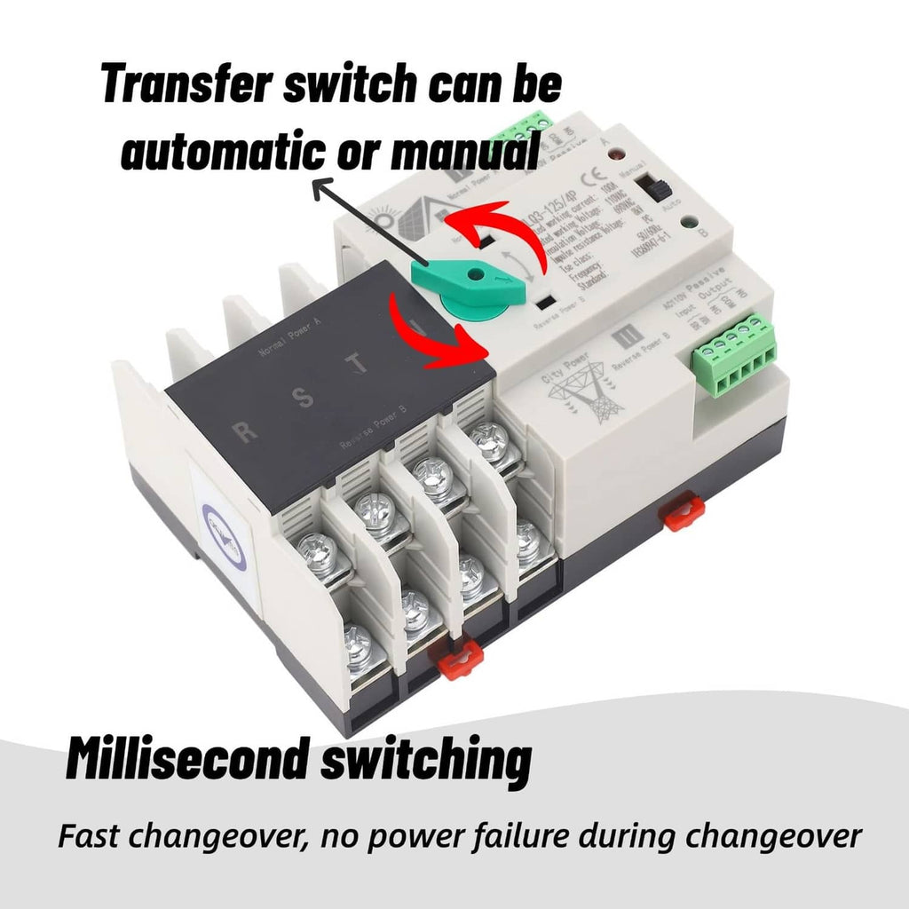 4P transfer switch with green lever showing automatic/manual switching and silver contacts