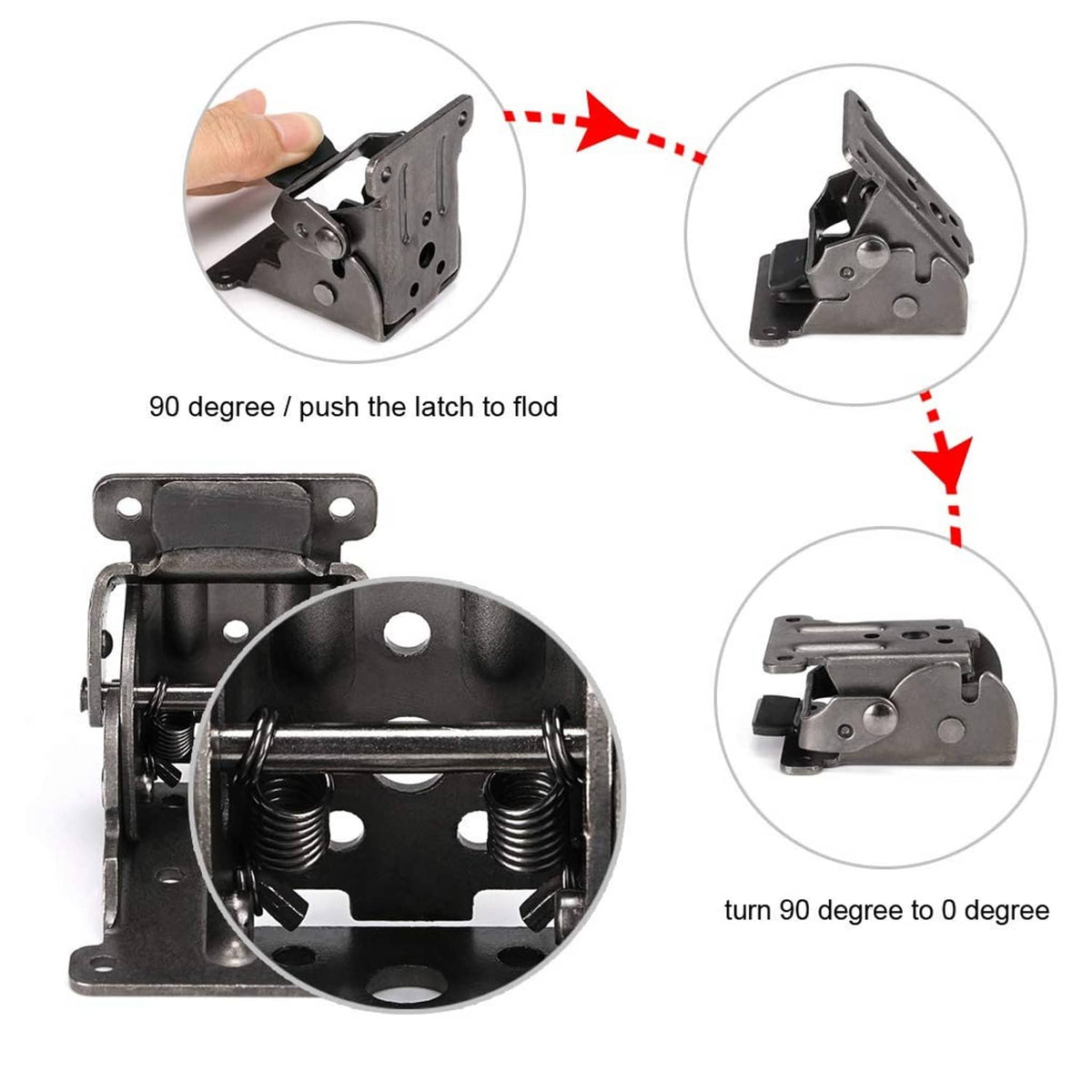 Folding table leg hardware hinge with 90-degree push latch to fold, dark metal