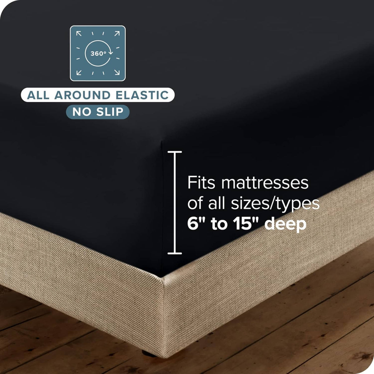 Charcoal fitted microfiber sheet corner with all-around elastic