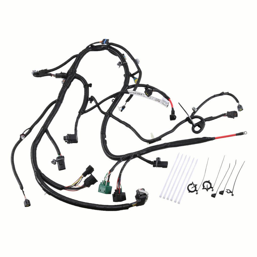 Engine wiring harness with black wire loom and multiple electrical connectors