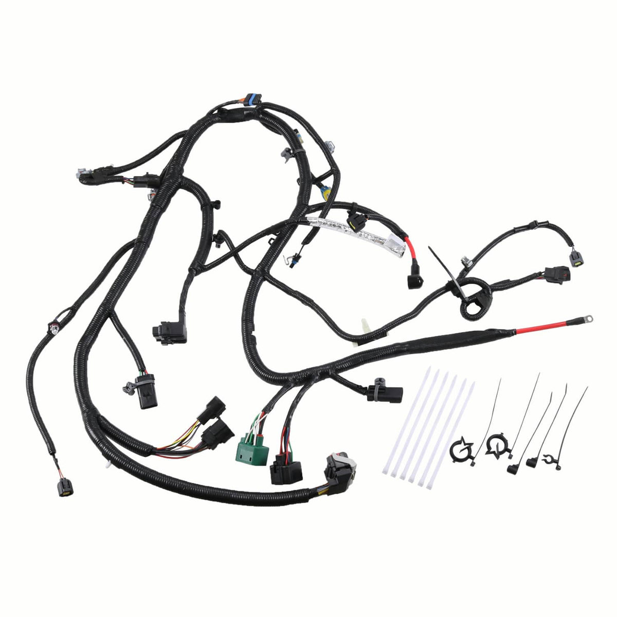 Engine wiring harness with black wire loom and multiple electrical connectors