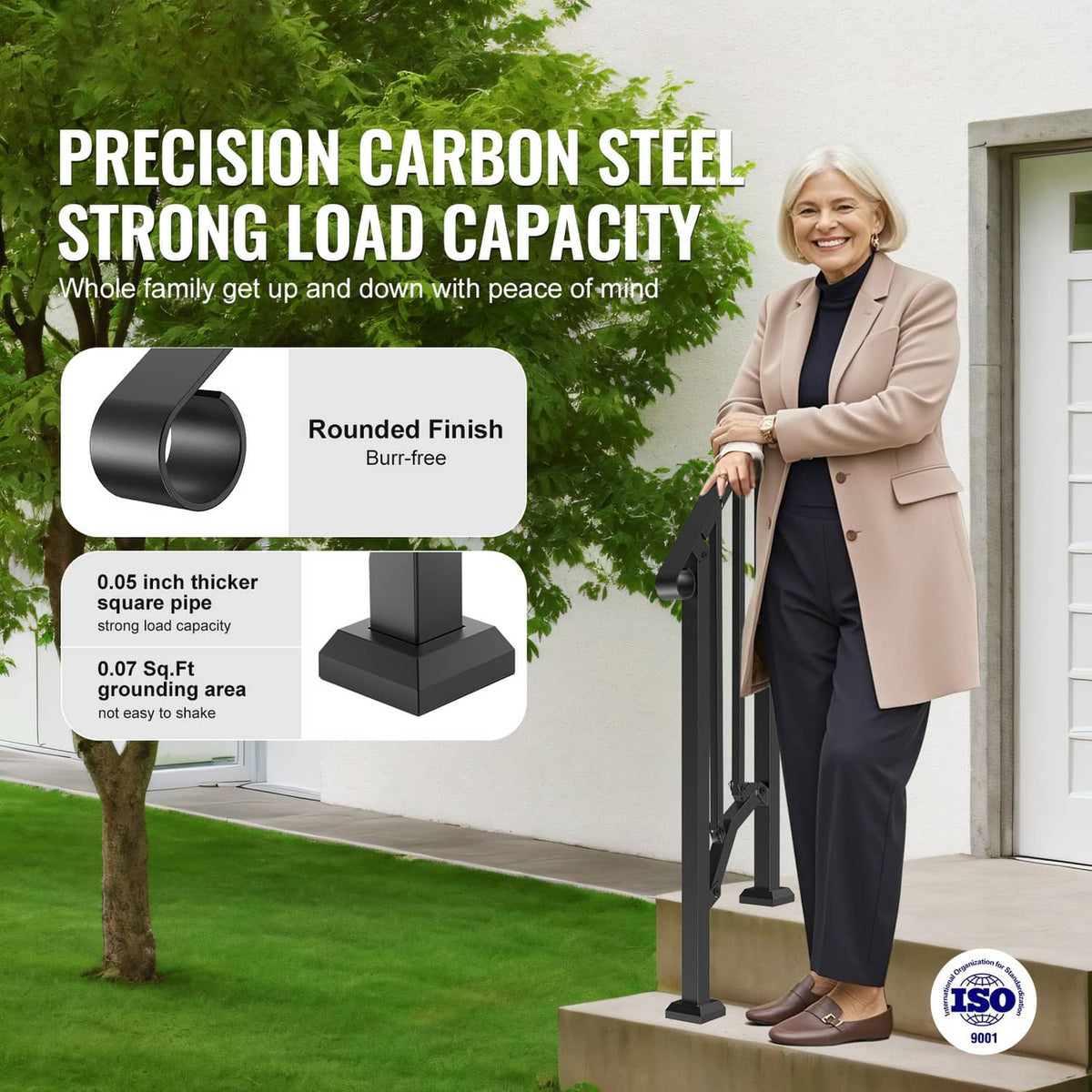 Black steel step handrail with rounded grip ends on freestanding posts.