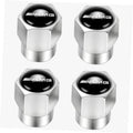 Four silver metal tire valve stem caps with black AMG emblem