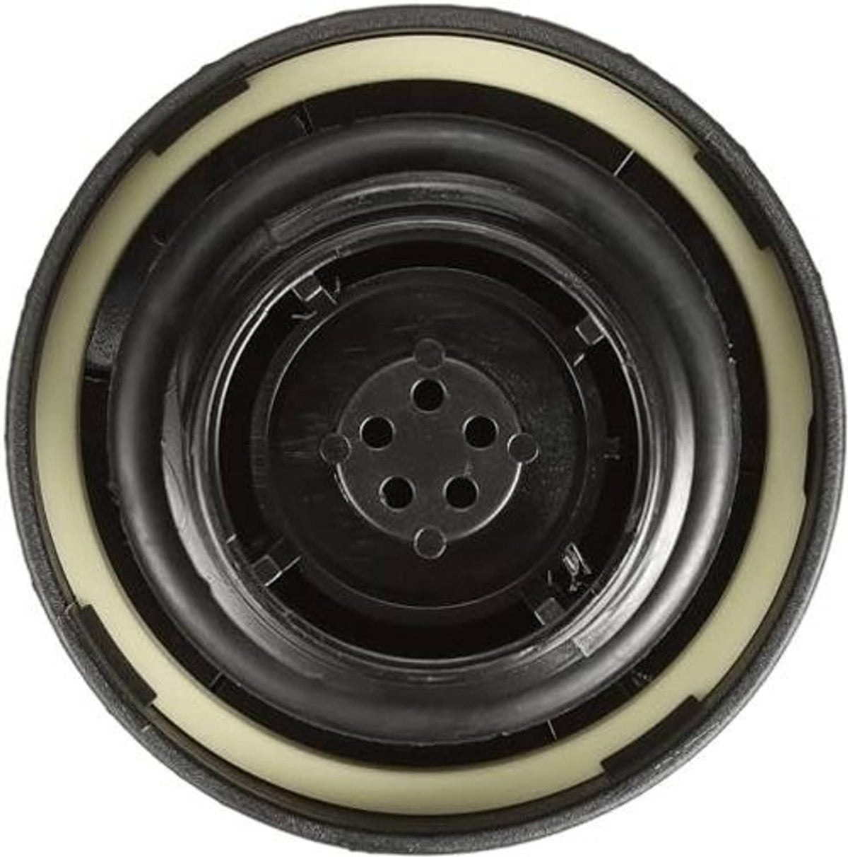 Fuel tank cap with circular metal insert, four bolt holes, and rubber seal