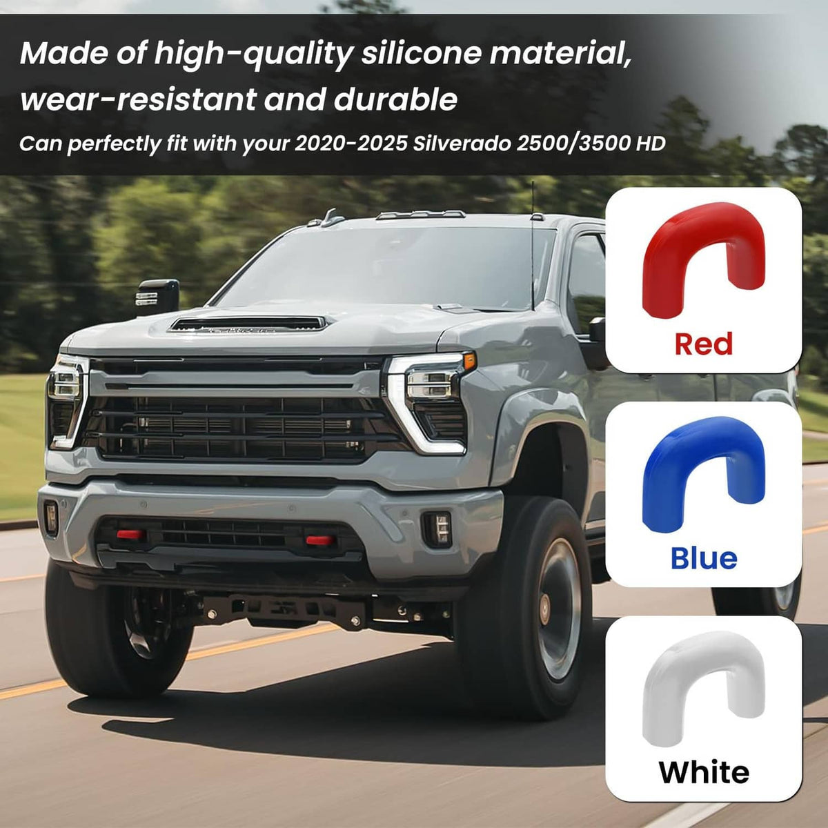 Set of red, blue, and white silicone tow hook covers for a truck