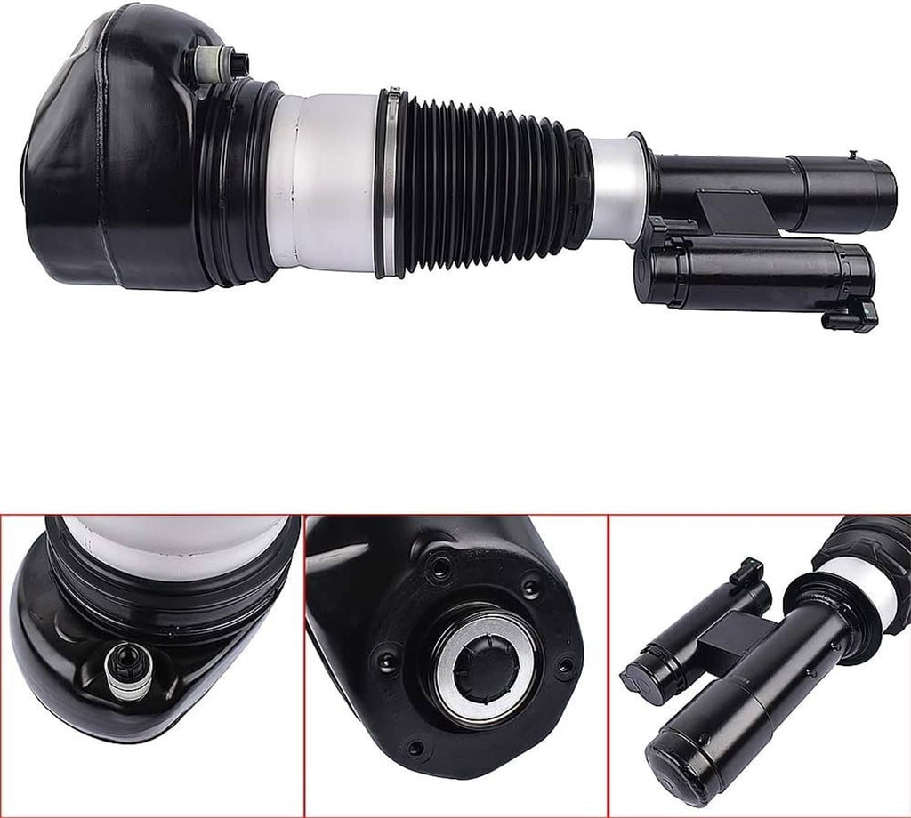 Air suspension strut with black rubber top cap, silver center sleeve, and ribbed bellows